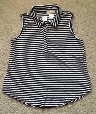 全新! DAVINA 女式 Terry 条纹黑色/白色无袖领圆形下摆上衣-L — 第 1/4 张图片
