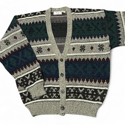 Cardigã suéter vintage The Mens Store at Sears geométrico multicolorido malha G - Imagem 1 de 3