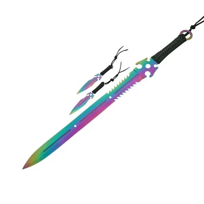 Juego de 3 Espadas Ninja Calavera Calavera PEC 27" Acabado Arco Iris Cordón Envuelto Mango Doble Lanzadores Foto 1 de 4