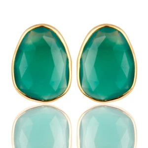 Yellow Gold Plated 925 Sterling Silver Green Onyx Gemstone Studs Earrings - Picture 1 of 2