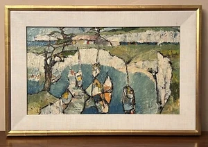 Vintage Landscape Boats in Bay Painting Great Brush Strokes Signed? Illegible - Picture 1 of 12