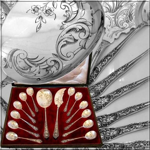 Bonnescoeur French All Sterling Silver Ice Cream Set 14 pc with box Rococo Cover