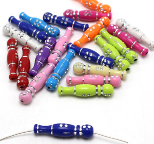 50 Mixed Color Sparkling Silver Dots Acrylic Bowling Tube Beads 36X8mm