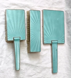 Altes Art Deco Bürsten Set Spiegel Türkis Emaille Schminkspiegel 30er 40er Jahre - Bild 1 von 18