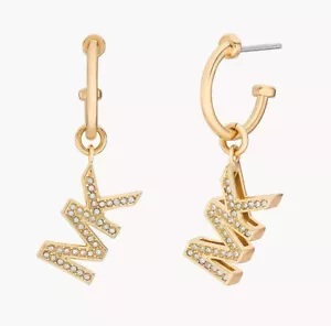 MICHAEL KORS Gold-Tone MK Logo CZ Pave Drop Earrings MKJ8008710 MKJ8008 NEW $100 - Picture 1 of 9
