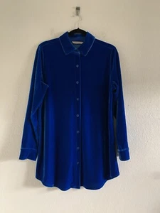 Soft Surroundings Size M Blue Velour Velvet Button Down Shirt Blouse Long Sleeve - Picture 1 of 9