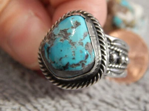 Mens Bisbee Turquoise Sterling Silver Ring by Navajo Russell Sam Size 10 1/4 - Picture 1 of 6