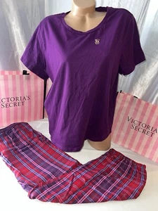 Victorias Secret Flannel Tee Pajamas Set Plaid Logo Shirt Plaid Pants XXL - Picture 1 of 3
