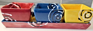 Hand Painted 4 Piece Condiment Entertaining Set Blue Red Yellow Bowls w/ Tray - Picture 1 of 17