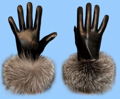 NUEVOS GUANTES DE CUERO DE CORDERO GENUINOS PARA MUJER talla 6.5 o S con adornos de piel de zorro plateado  Foto 1 de 2
