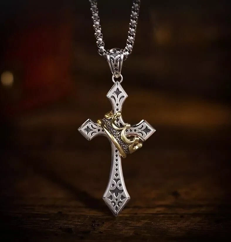 Mens Stainless Steel Cross Necklace with Gold Crown Pendant Christian Jewelry - Image 1 of 4