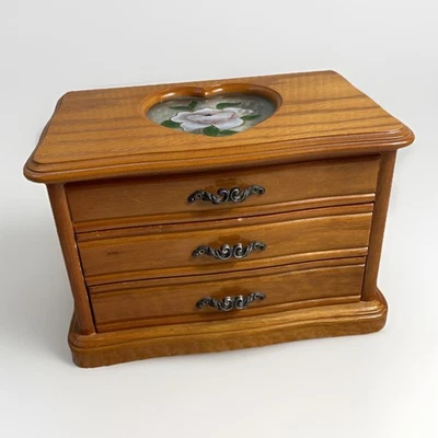 Vintage Wooden Jewellery Box with Stained Glass Heart Lid & 2 Drawers - Image 1 of 4