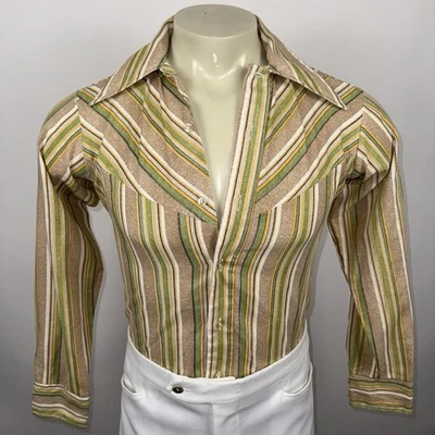 Vintage 70s Sears Shirt Striped Disco Western Rockabilly Neck 14 sz 18 Mens XS - Image 1 of 4