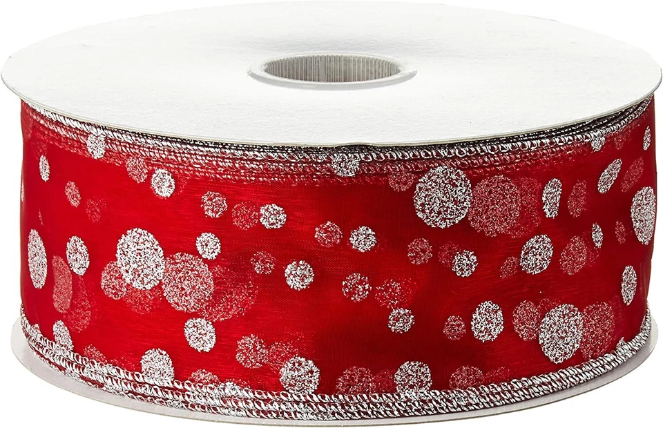 Silver Sparkle Polka Dot Sheer Red  2.5" Wide Wired Ribbon Morex 50 yd christmas - Image 1 of 1