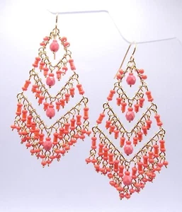 EXQUISITE Triple Tier Coral Crystals Gold Filled Cascading Chandelier Earrings - Picture 1 of 11