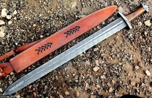 Viking Sword, Real Damascus with Blood Groove 32-Inche Full Tang with Sheath - Picture 1 of 8