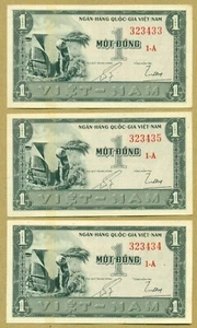 Vietnam Süd 1955 1 Dong P. 11a, fortlaufende Nummer Lot von 3 Scheinen, hohe Erhaltung - Bild 1 von 2