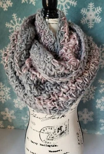 Handmade Bulky Crochet Infinity scarf, Double Wrap Cowl, Pink & Gray Stripes - Picture 1 of 7