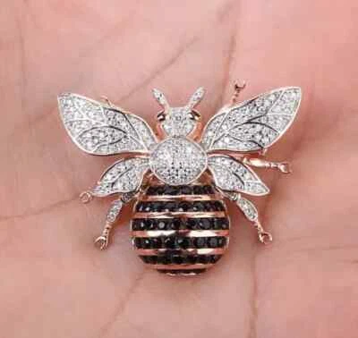 2 Ct Round Cut Simulated Black Diamond Bee Shape Brooch Pin 14k Rose Gold Plated - Image 1 of 4