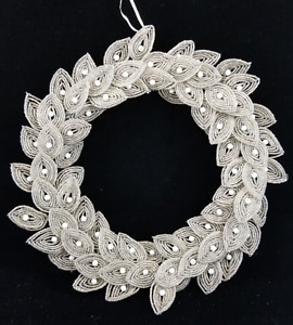 Glass Seed Beads & Faux Pearls Create Layered Leaves Wreath 12" Silver White