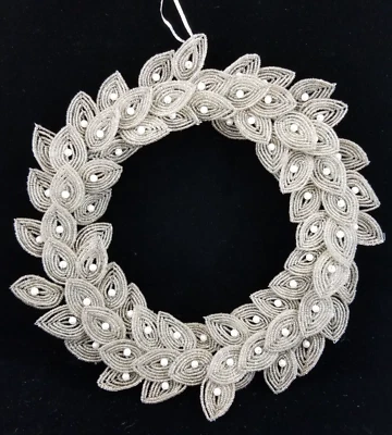 Pottery Barn Christmas Wreath 12" Glass Beaded Leaves Faux Pearls Silver White - Image 1 of 4
