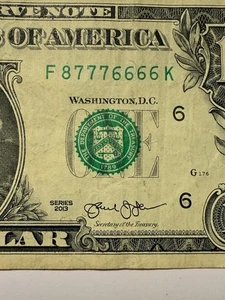 Quad Tripe Fancy Seriennummer 6s 7s 8s Ladder One Dollar Schein 1 $ F87776666K #6 - Bild 1 von 9