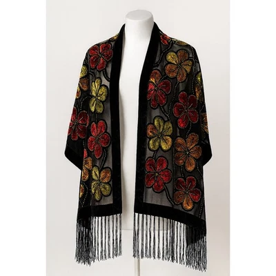 Seda/viscosa Terciopelo Burnout Floral Bufanda Envoltura Devore Negro Transparente Romántico Artístico Foto 1 de 4