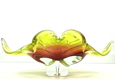 Chribska Josef Hospodka Vintage Glass Lip Bowl Bohemia Czech Art Deco Green Red - Image 1 of 4