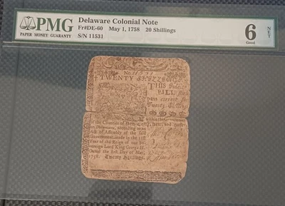 Billete colonial de 20 chelines de Delaware del 1 de mayo de 1758 PMG bueno 6 Foto 1 de 4