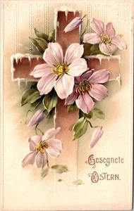 Gesegnete Ostern Blessed Easter German Embossed Cross Floral Postcard - Picture 1 of 2