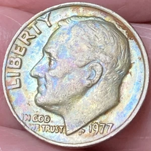1977-P Roosevelt Dime Beautiful Brilliant Rainbow Toned Coin  #8 - Picture 1 of 14