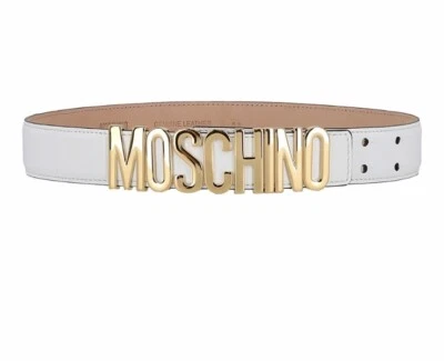 Moschino Mujer Logo Cinturón Blanco y Dorado Talla US 10 / EU 44 Nuevo Foto 1 de 4