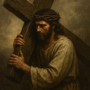 Jesus trägt Kreuz Leinwandbild - Christliches Wandbild Glaube Inspiration - Bild 1 von 2