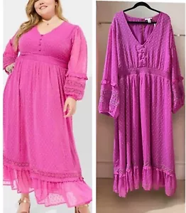 Plus Size 4 Torrid x Festi Chiffon Clip Dot Pink Ruffle Sleeve Boho Maxi Dress - Picture 1 of 3