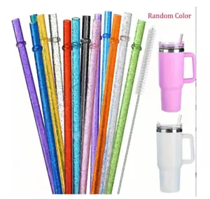 12pcs Reusable Glitter Plastic Straws - With Cleaning Brush, Multiple Colors NEW - Picture 1 of 7