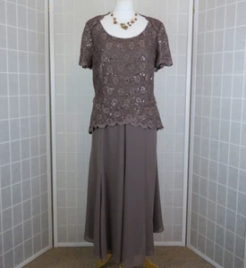 Jacques Vert Dress Size 16 Taupe Lace Sequin Layered Short Sleeves Wedding Party - Picture 1 of 15
