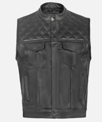 Men's Black Leather Motorcycle Style Diamond Quilted Leather Vest - Image 1 of 4