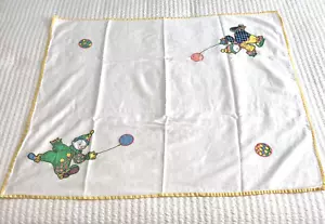 White Vtg Baby Blanket Cotton 29"x 33" Circus Theme Clowns Receiving Blanket - Picture 1 of 8