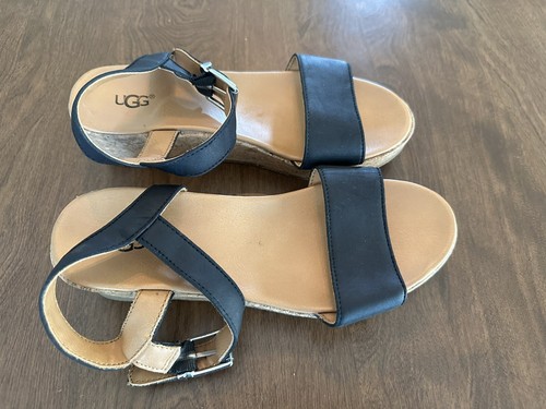 UGG Sandals Milley Girl’s Black Leather Strap Cork Wedge Sandals Size 4