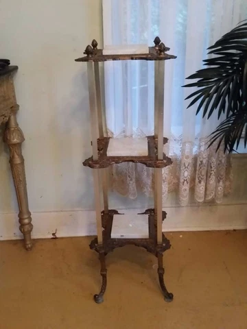 Vintage Ornate Victorian Brass Marble Top 3 Tier Plant Fern Stand Table Cover