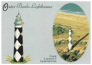 OUTER BANKS NC Postcard CAPE LOOKOUT LIGHTHOUSE Aerial View/Beach NORTH CAROLINA - Picture 1 of 2