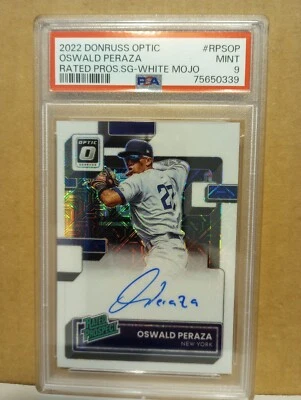 2022 Donruss optic Oswald Peraza rated prospect sg- white mojo PSA 9 only pop - Image 1 of 4