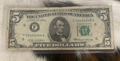 1969  $5 Five Dollar Bill Note Fancy Serial Number F26466666A - Image 1 of 4