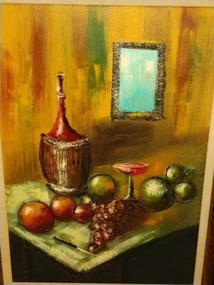 Botella de vino grande MCM italiana bodegón pintura al óleo fruta uvas enmarcada firmada Foto 1 de 4