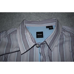 Boss Hugo Boss Dress Shirt Mens Size XL Purple Blue Striped Cotton Button Up - Picture 1 of 7