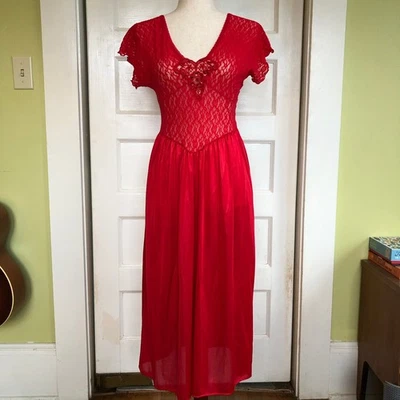 VTG Adonna Lace & Satin Nightgown Slip Dress S Red Long USA Lingerie Romantic - Image 1 of 4