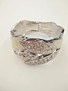 Chic Modern Ivory Enamel Silver Metal Leaf Shape Glinted Crystal Bangle Bracelet - Picture 1 of 3