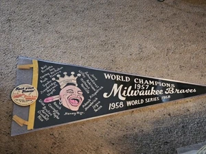 Vtg. 1957 Milwaukee Braves World Champs-'58 Series Pennant 30" w/sleeve coaster - Picture 1 of 7
