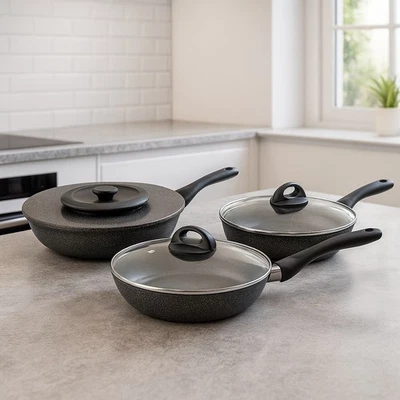 Set Padelle 6pz Pietra con Coperchio Magico Antiodore Padelle 24 28 32 Induzione - Immagine 1 di 4