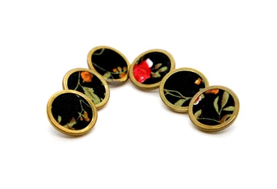 Buttons Vintage Brass Rim Fabric Covered Floral Shank Buttons x 6 - Image 1 of 4